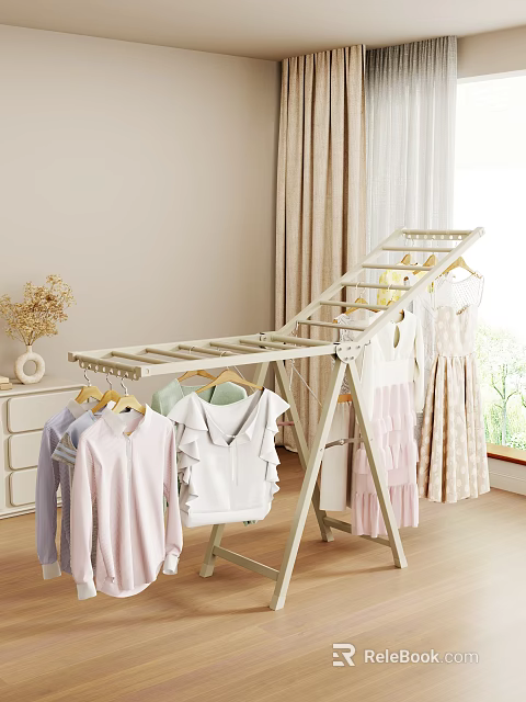 Foldable Indoor Clothes Drying Rack With Hanging Shirts And Dresses Near Window 3d model 