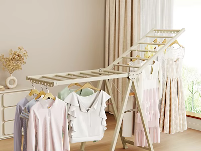 Foldable Indoor Clothes Drying Rack With Hanging Shirts And Dresses Near Window 3d model