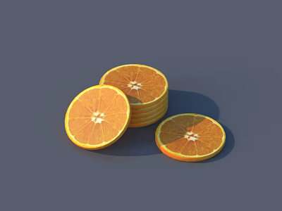 Fresh Orange Slices Stacked And Scattered On Gray Background Visual Presentation 3d model