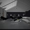 Modern Office Interior With High Ceiling Large Windows Black Shelves White Sofa And Green Plant