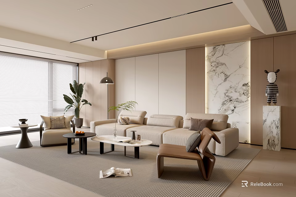 Modern Living Room Interior With Beige Sofa Marble Wall Coffee Tables And Indoor Plants 3d model 