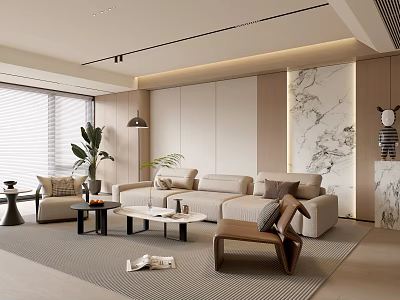 Modern Living Room Interior With Beige Sofa Marble Wall Coffee Tables And Indoor Plants 3d model