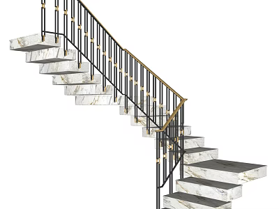 Elegant Staircase With Marble Steps And Black Gold Railings Modern Design 3d model