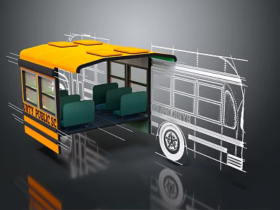 Yellow School Bus Interior With Green Seats And Line Drawing Design 3d model