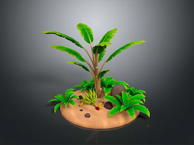 Colorful Fresh Tropical Fruits on Sandy Island with Palm Leaves and Lush Foliage 3d model