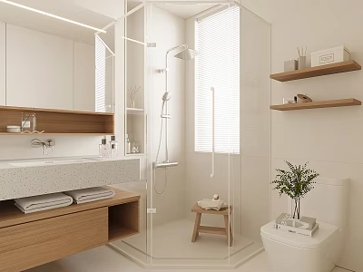 Modern Bathroom With White Design Wooden Vanity Glass Shower Enclosure Window Blinds Shelves And Plant 3d model