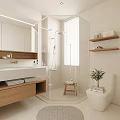 Modern Bathroom With White Design Wooden Vanity Glass Shower Enclosure Window Blinds Shelves And Plant