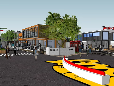 Modern Commercial Street with Glass Buildings Green Trees Red Telephone Booth Pedestrians and Decorative Installations 3d model