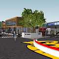 Modern Commercial Street with Glass Buildings Green Trees Red Telephone Booth Pedestrians and Decorative Installations