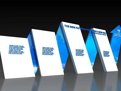 White and Blue Display Boards With Stepped Arrangement Geometric Design And New Era Pattern Text 3d model
