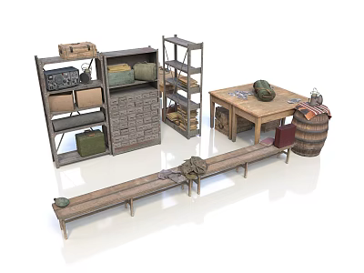 3D Storage Room Scene With Wooden Metal Shelves Cabinets Long Table Barrel Crates And Bags 3d model