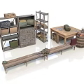 3D Storage Room Scene With Wooden Metal Shelves Cabinets Long Table Barrel Crates And Bags