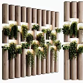 Vertical Green Wall With Lush Hanging Plants On Wooden Columns And Soft Lighting