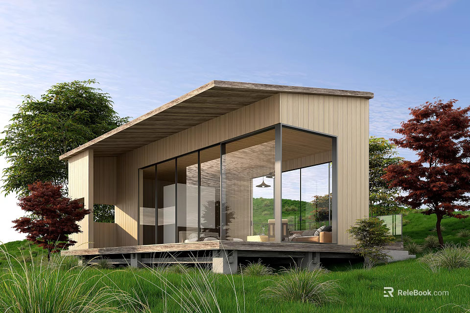 Modern Light Wood Exterior Wooden House With Glass Windows Open Interior View And Green Surroundings 3d model 
