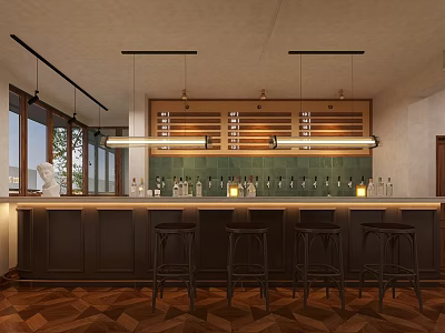 Modern Bar Interior Design With Wooden Counter Green Backsplash Bar Stools And Hanging Lights 3d model