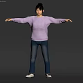 A Woman in Purple Sweater and Blue Jeans with Arms Outstretched Against Gray Background