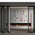 Black Frame Folding Doors Open in Modern Interior With Fireplace and Red Decorative Pillar