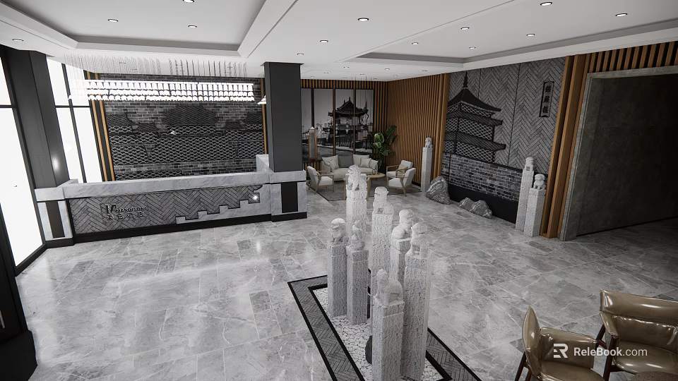 Modern Traditional Hotel Lobby Interior With Marble Floor Reception Desk And Decorative Pillars 3d model 