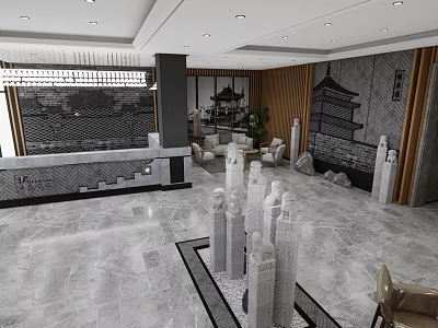 Modern Traditional Hotel Lobby Interior With Marble Floor Reception Desk And Decorative Pillars 3d model