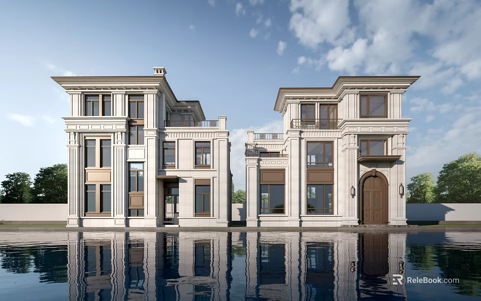 Classic Symmetrical Detached Villa With Light Stone Facade And Pool Reflection 3d model