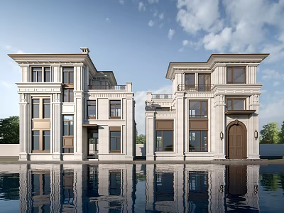 Classic Symmetrical Detached Villa With Light Stone Facade And Pool Reflection 3d model