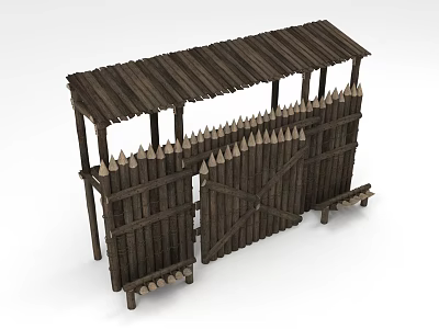 Wooden Guard Booth With Spiked Fence Rustic Roof Structure And Crossed Gate Design 3d model