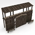 Wooden Guard Booth With Spiked Fence Rustic Roof Structure And Crossed Gate Design