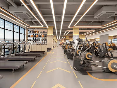 Modern Gym Interior With Various Fitness Equipment And Bright Lighting 3d model