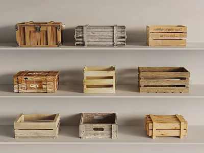 Various Wooden Crates In Different Styles And Colors Neatly Arranged On White Shelves 3d model