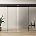 Modern Sliding Glass Doors With Black Frame Interior Green Plant Chair And Wooden Floor