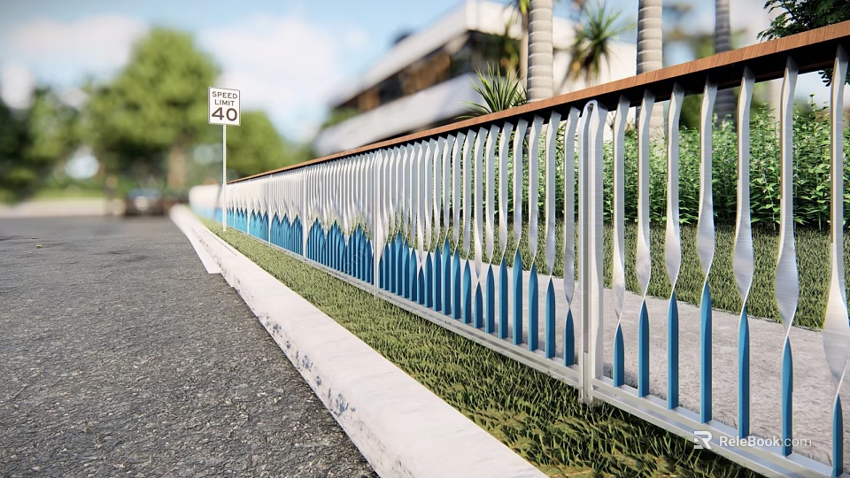 Modern Metal Fence With Blue And White Pattern Along Roadside Grass And Building Background 3d model 