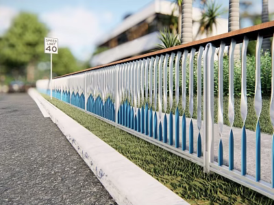 Modern Metal Fence With Blue And White Pattern Along Roadside Grass And Building Background 3d model