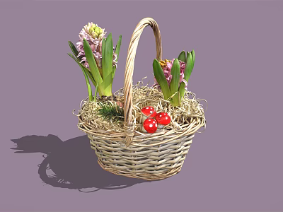Wicker Basket With Hyacinth Flowers Red Berries And Straw For Home Decor 3d model