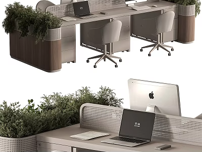 Modern Office Desk Setup With Laptop iMac Green Plants And Ergonomic Chairs 3d model