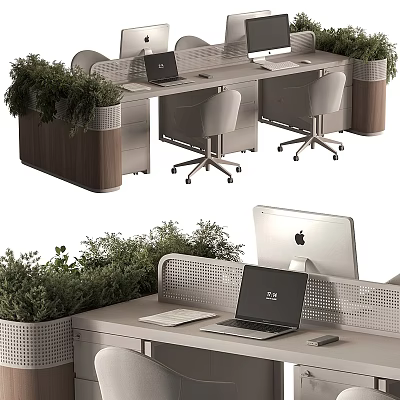 Modern Office Desk Setup With Laptop iMac Green Plants And Ergonomic Chairs 3d model
