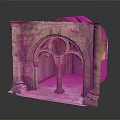 Historical Ruin Structure with Red Brown Brick Arched Portal Circular Window Columns and Weathered Details