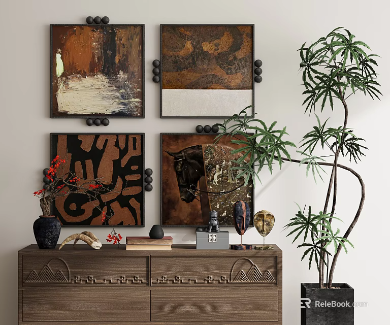Four Abstract Paintings on Wall with Wooden Cabinet Decorative Items and Potted Plant Interior Decor 3d model 