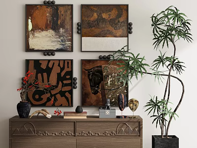 Four Abstract Paintings on Wall with Wooden Cabinet Decorative Items and Potted Plant Interior Decor 3d model