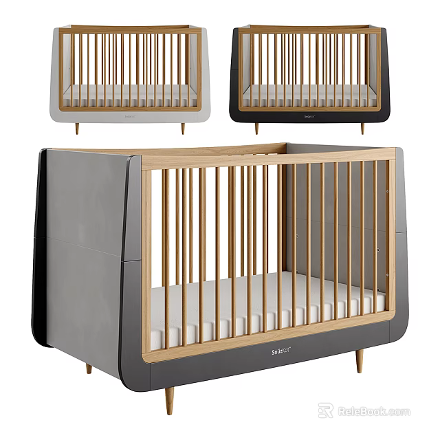 Modern Stylish Baby Crib With Gray Black Wooden Rails And Sleek Design 3d model 