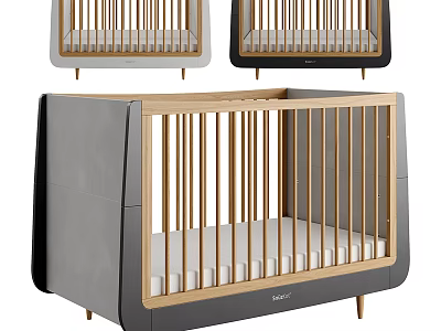 Modern Stylish Baby Crib With Gray Black Wooden Rails And Sleek Design 3d model