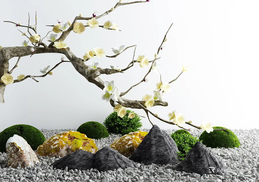 Garden Miniature Landscape With Blossoming Branch White Flowers Stones Green Shrubs And White Pebbles 3d model 