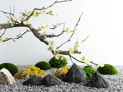 Garden Miniature Landscape With Blossoming Branch White Flowers Stones Green Shrubs And White Pebbles 3d model