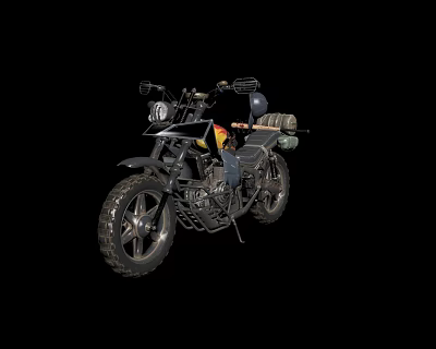 Black Off Road Motorcycle With Yellow Red Graphics Luggage Rack And Wide Off Road Tires 3d model