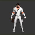 Male Game Movie Character in White Outfit With Orange Sleeves Carrying Bag and Holding Weapon