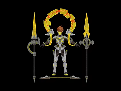 Armored Character With Brown Hair And Golden Halo Fighting Mythical Creature Using Dual Spears 3d model