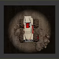 White Off Road Truck Model With Red Flame Large Tires Rocks Dirt On Dark Background