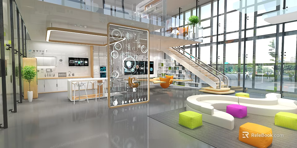 Modern Open Lounge Interior With Glass Partition Staircase Large Windows And Colorful Seating 3d model 