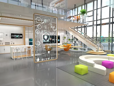 Modern Open Lounge Interior With Glass Partition Staircase Large Windows And Colorful Seating 3d model