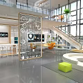 Modern Open Lounge Interior With Glass Partition Staircase Large Windows And Colorful Seating