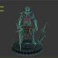 Armored Man Statue With Red Cape Holding Swords On Display Base